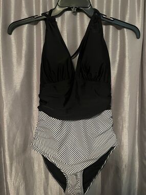 Black Halter One-Piece Swimsuit with Striped Bottom